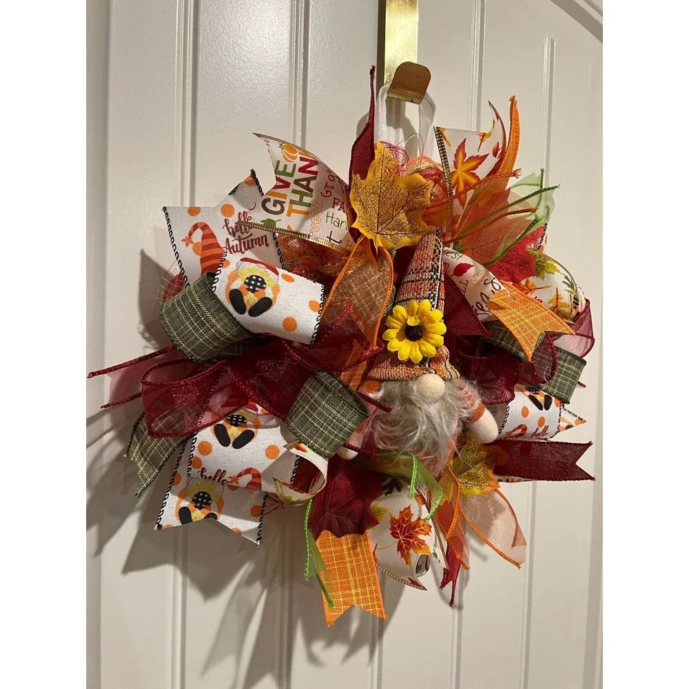 13 inch Ribbon Wreath Fall Autumn Thanksgiving Gnome MW5